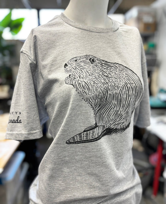Canada Beaver Tee - Hand Screen Printed - Eco Inks - Heather Grey