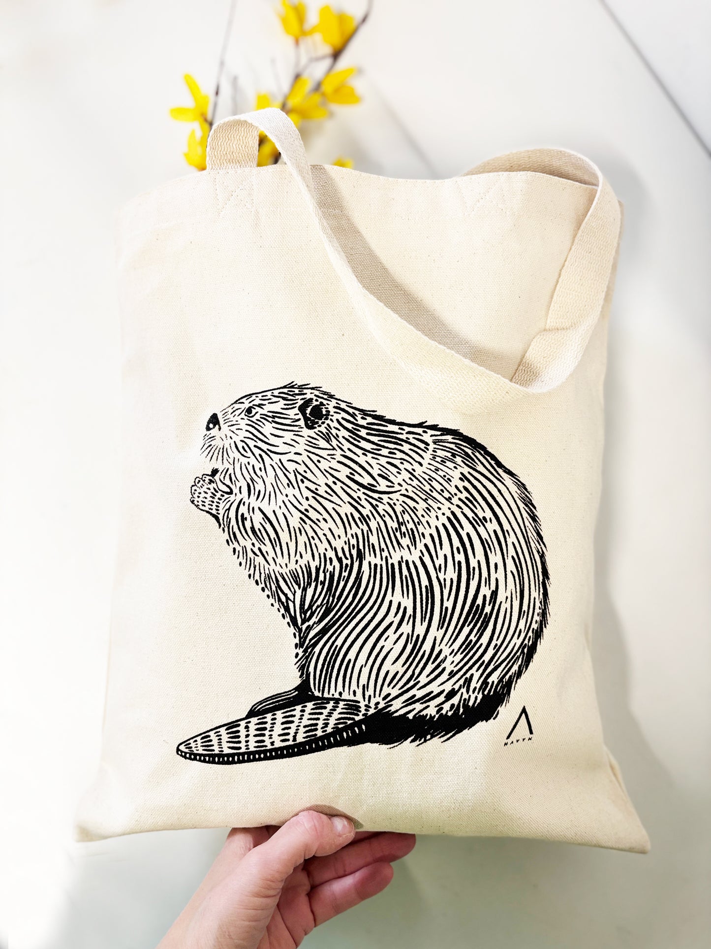Beaver Tote Bag Hand Screen Printed Natural Canvas