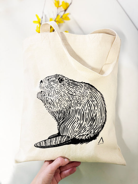 Beaver Tote Bag Hand Screen Printed Natural Canvas