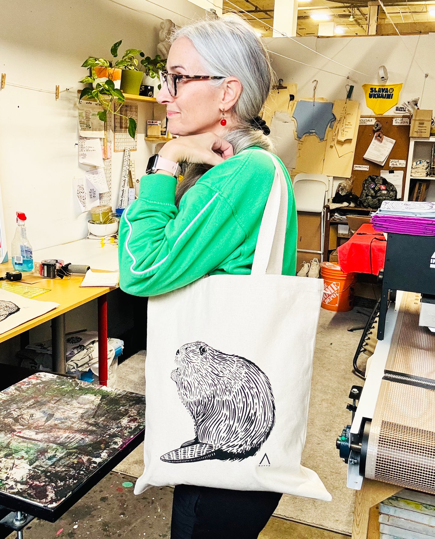Beaver Tote Bag Hand Screen Printed Natural Canvas