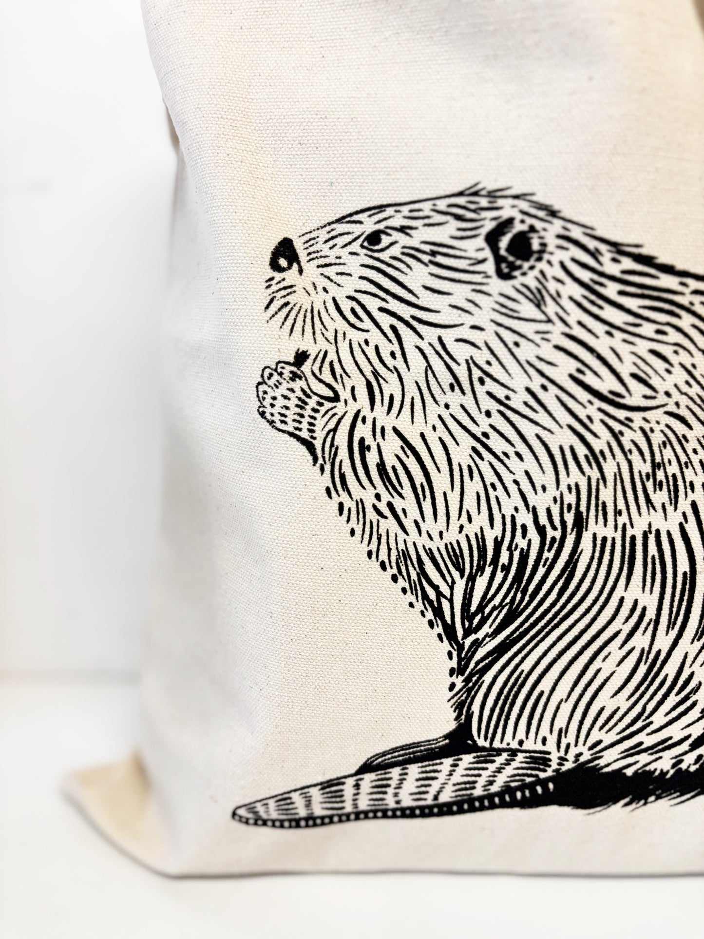 Beaver Tote Bag Hand Screen Printed Natural Canvas