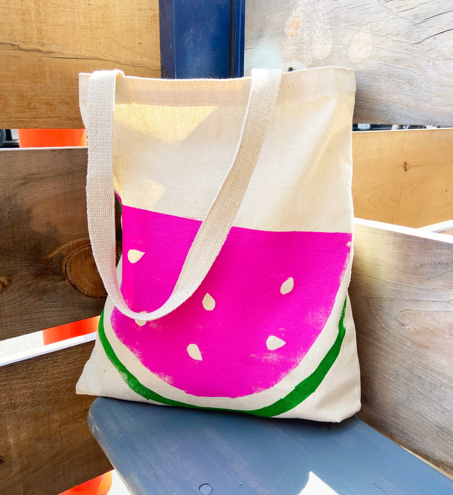 Watermelon Hand Printed Every Day Cotton Tote - Pink and Green