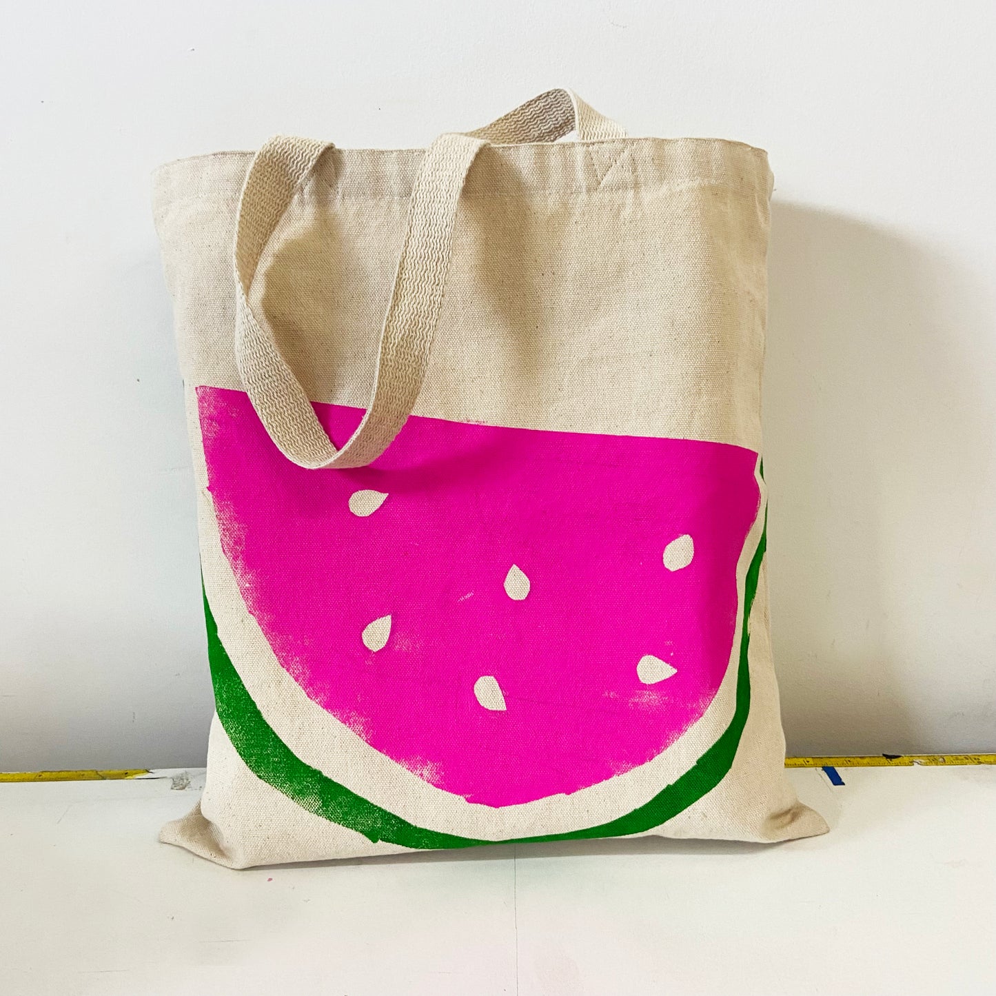 Watermelon Hand Printed Every Day Cotton Tote - Pink and Green