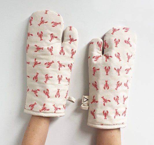 Oven Mitts Set - Lobster Pattern - Natural Cotton Canvas