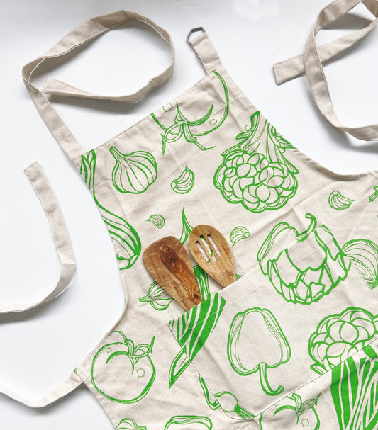 Unisex Apron - Large Veggies Pattern - Natural Cotton Canvas