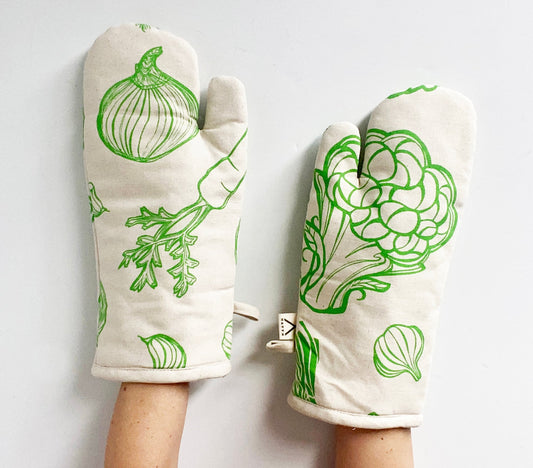 Oven Mitts Set - Large Veggies Pattern - Natural Cotton Canvas
