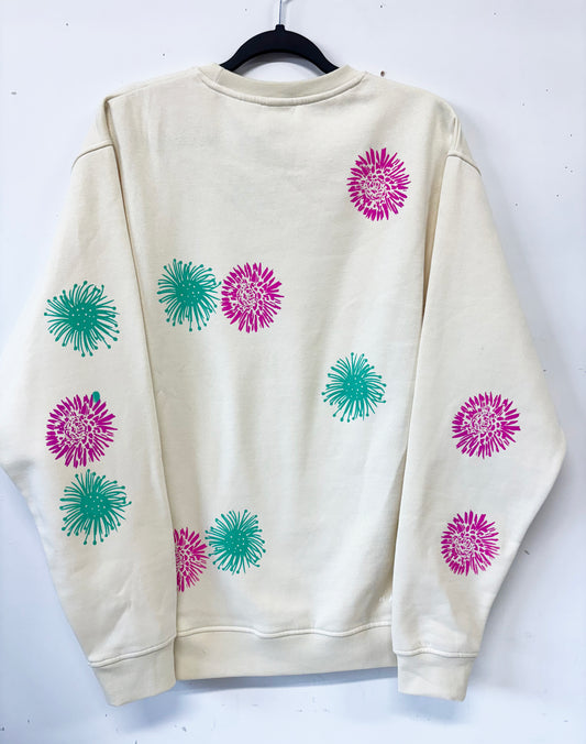 Cream Crewneck - Pink and Teal Flowers - Hand Printed - One of a Kind - Apparel
