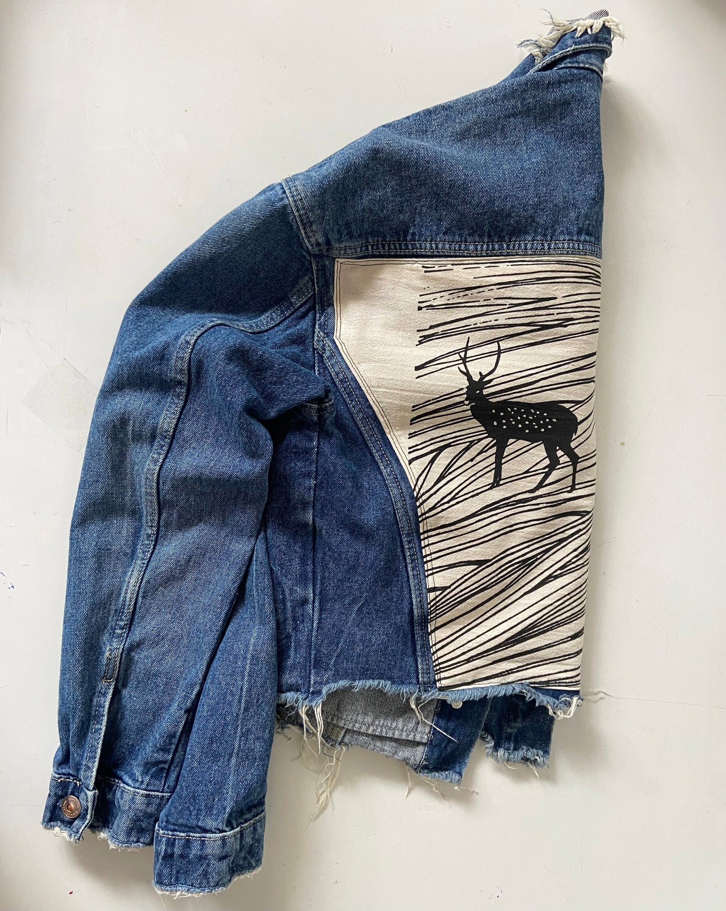 One of a Kind Upcycled Jean Jacket with Hand Printed Elk Sunset Organic Cotton Fabric