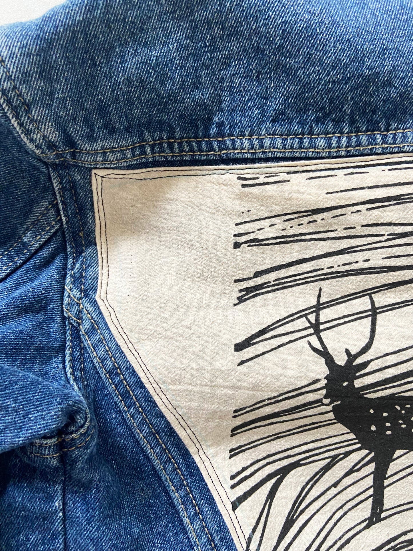 One of a Kind Upcycled Jean Jacket with Hand Printed Elk Sunset Organic Cotton Fabric