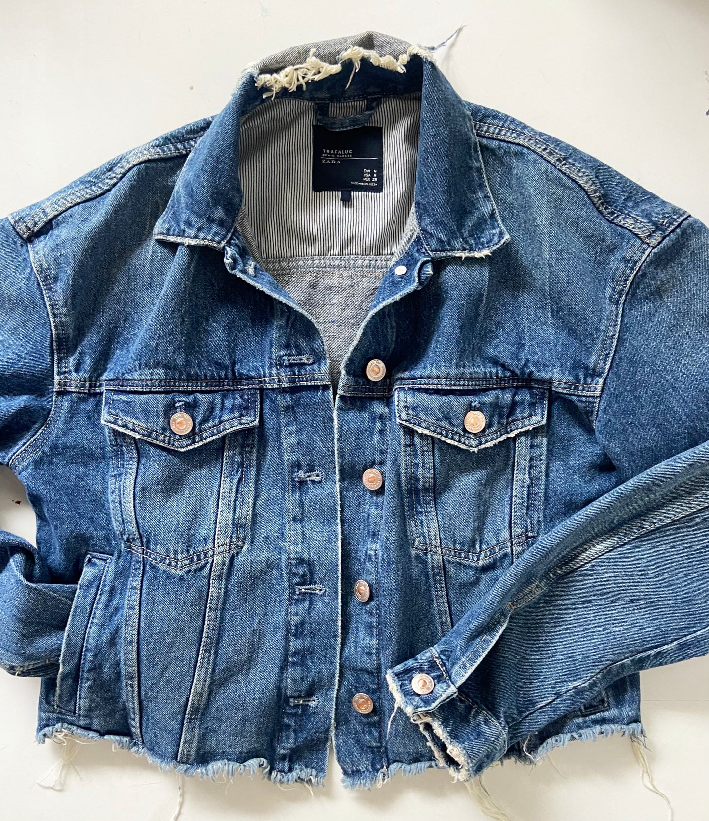 One of a Kind Upcycled Jean Jacket with Hand Printed Elk Sunset Organic Cotton Fabric
