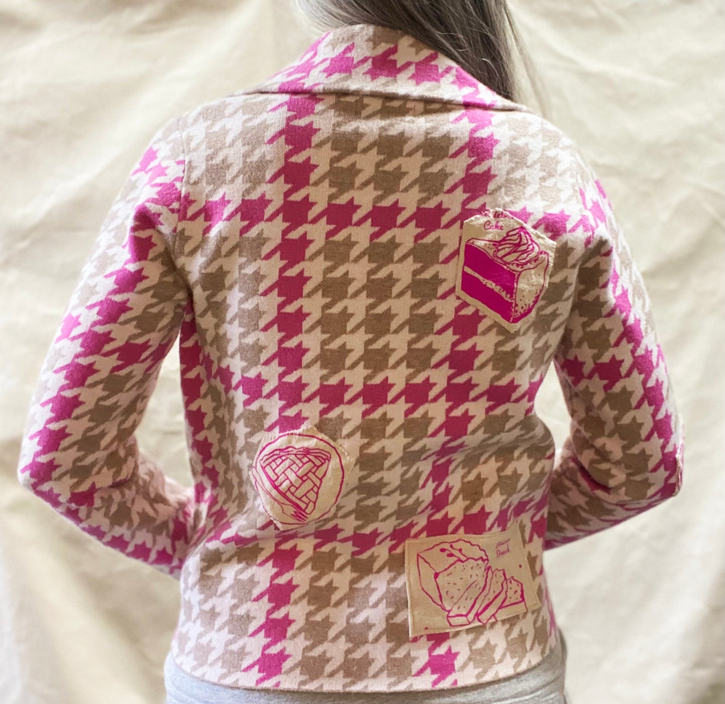 One of a Kind Hand Printed and Sewn Bakery Good Patches on Houndstooth Jacket