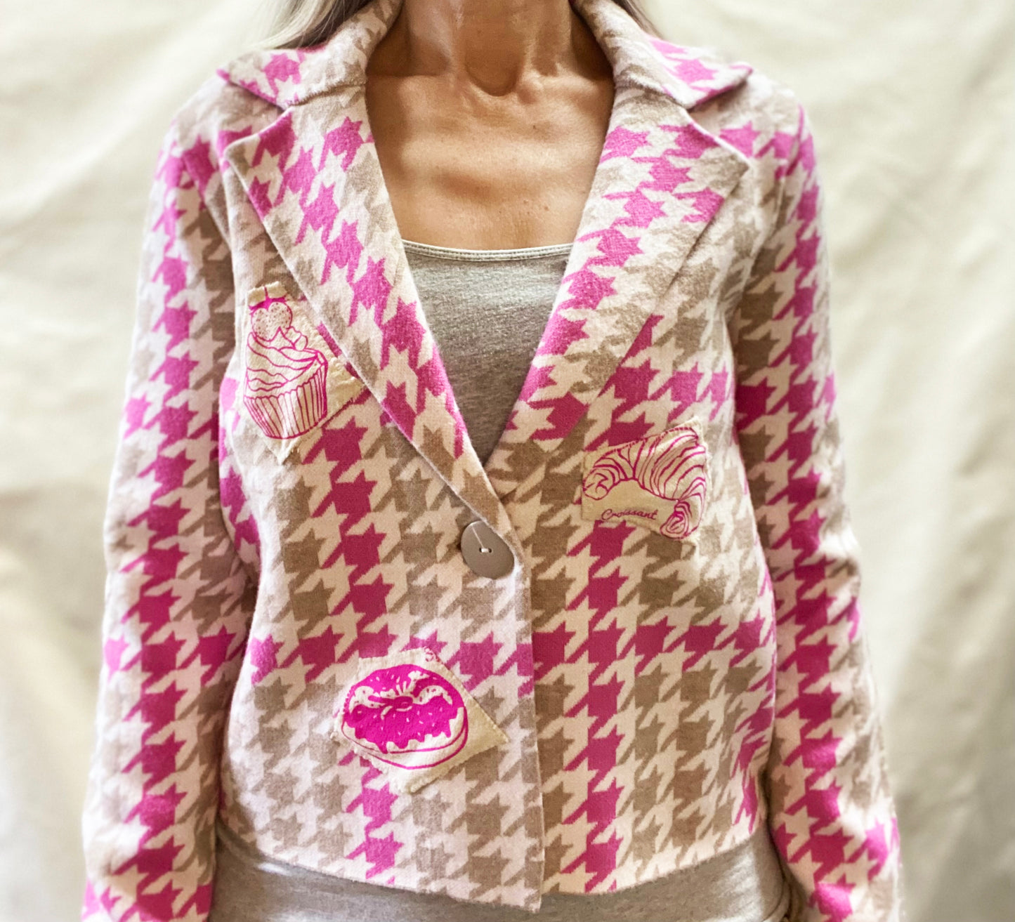 One of a Kind Hand Printed and Sewn Bakery Good Patches on Houndstooth Jacket