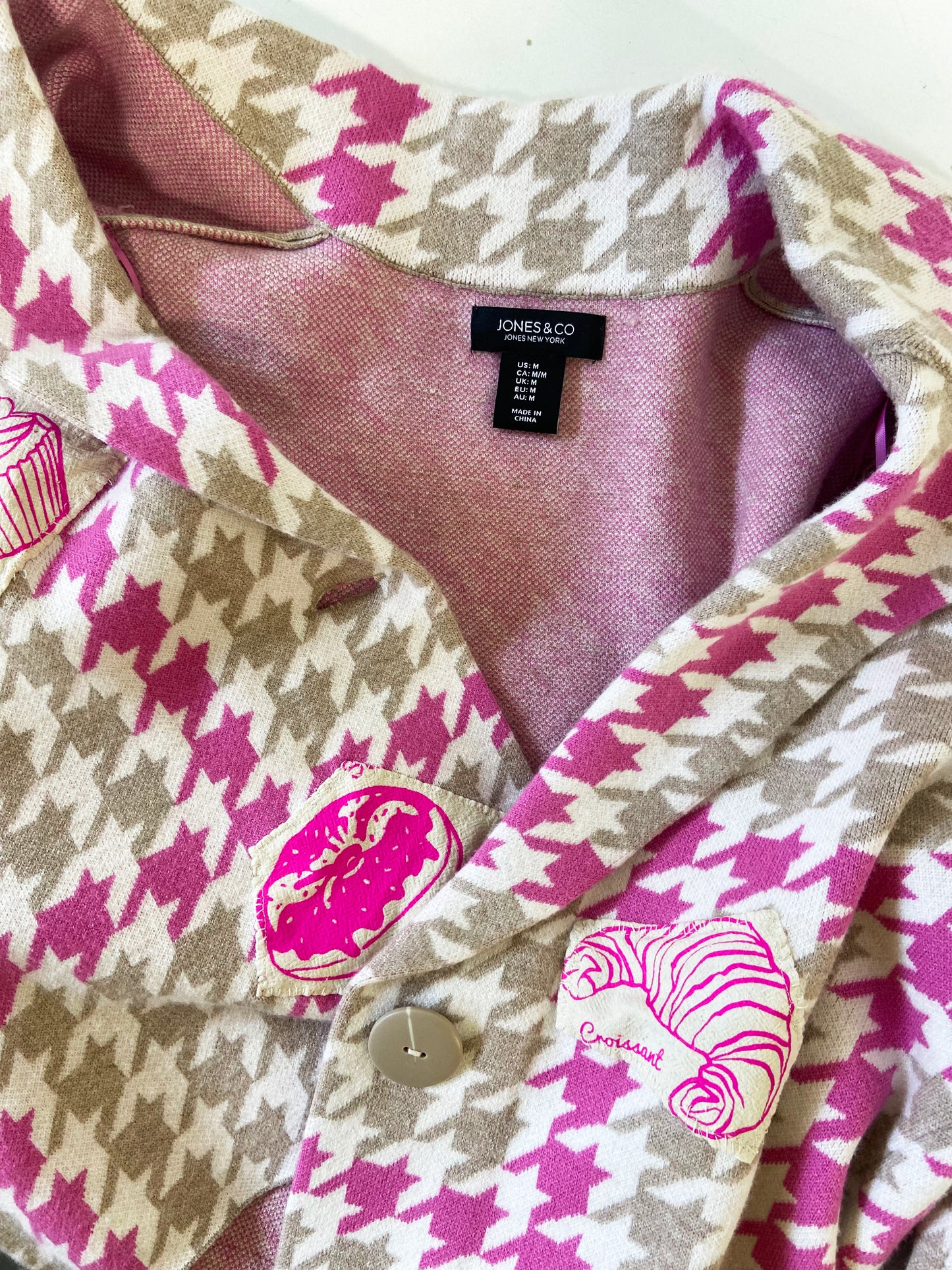 One of a Kind Hand Printed and Sewn Bakery Good Patches on Houndstooth Jacket