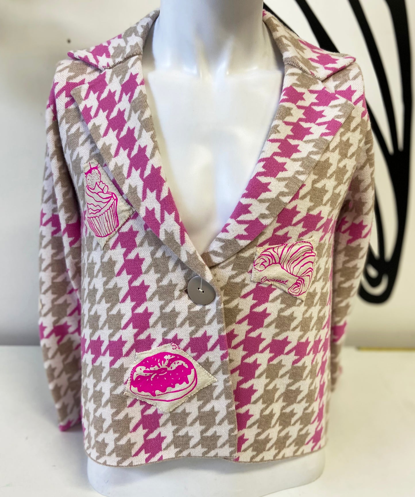 One of a Kind Hand Printed and Sewn Bakery Good Patches on Houndstooth Jacket