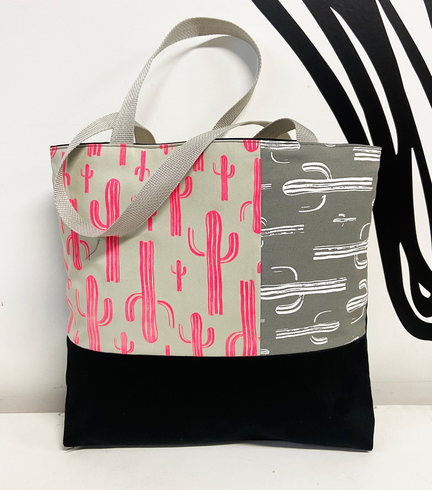 One of a Kind Tote Bag | Hand Made and Printed | Pink and Grey Cactus - 05