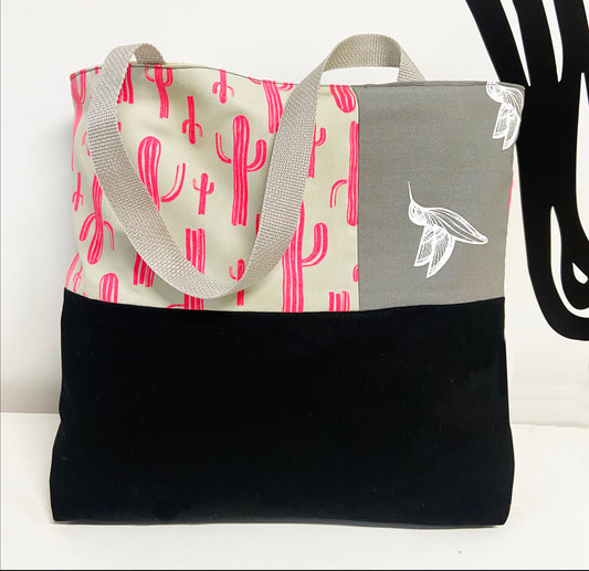 One of a Kind Tote Bag | Hand Made and Printed | Pink and Grey Cactus - 05