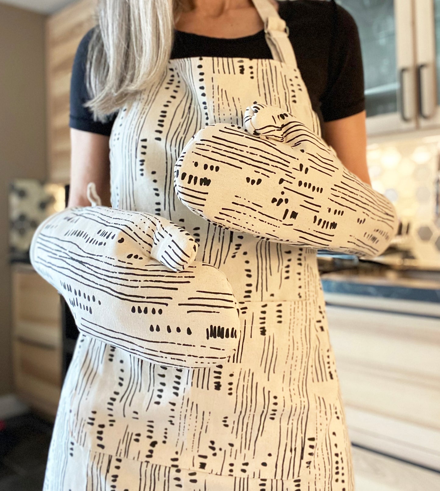 Unisex Apron and Oven Mitt Set - Abstract Pattern - Natural Cotton Canvas