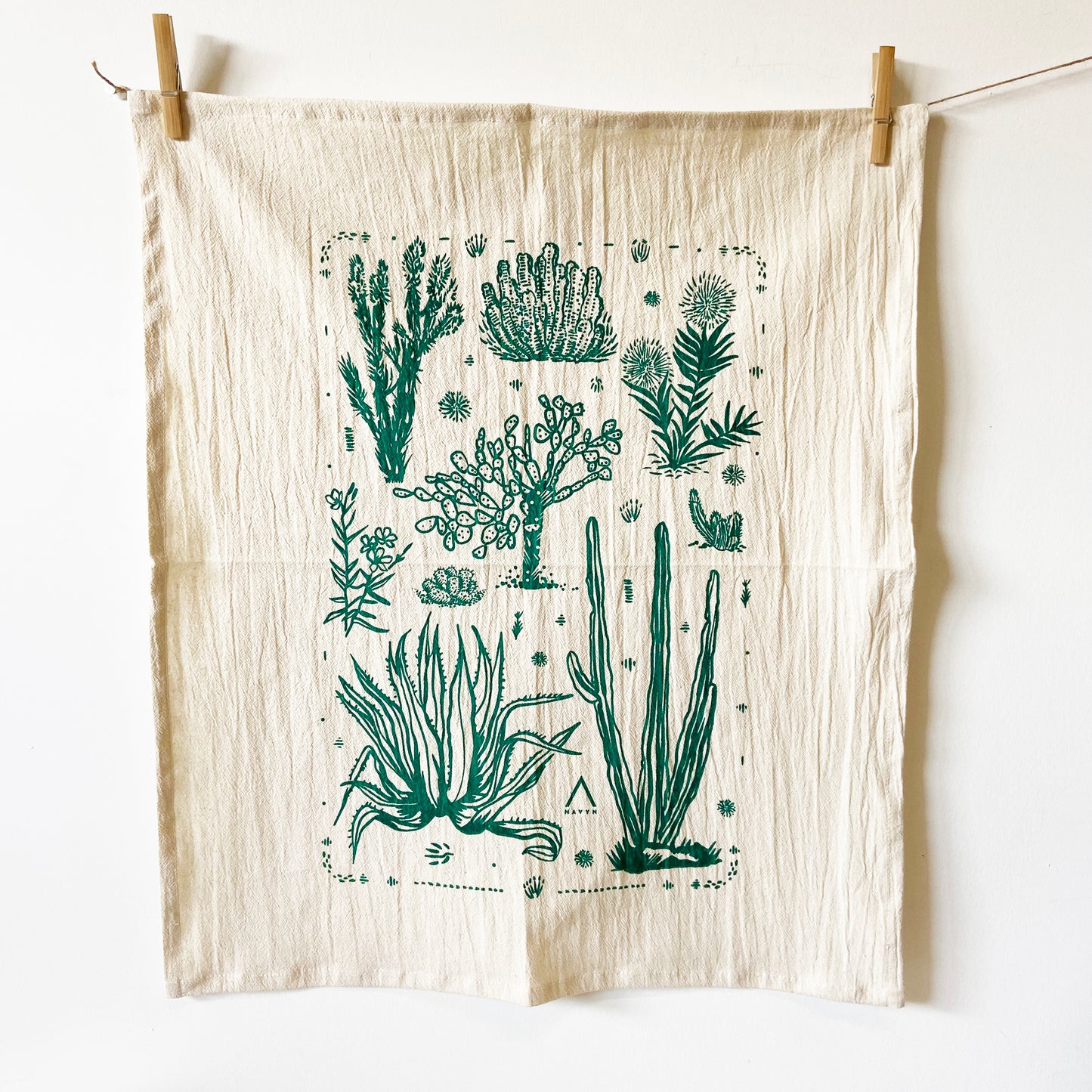 Cactus Variations Hand Printed Organic Tea Towel - Black or Green