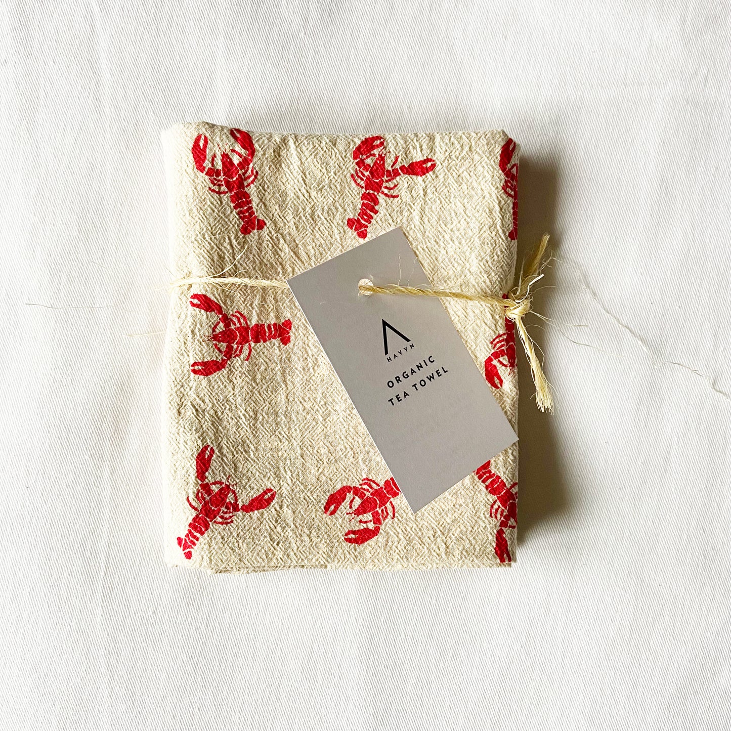Dancing Lobsters Hand Printed Organic Tea Towel - Red