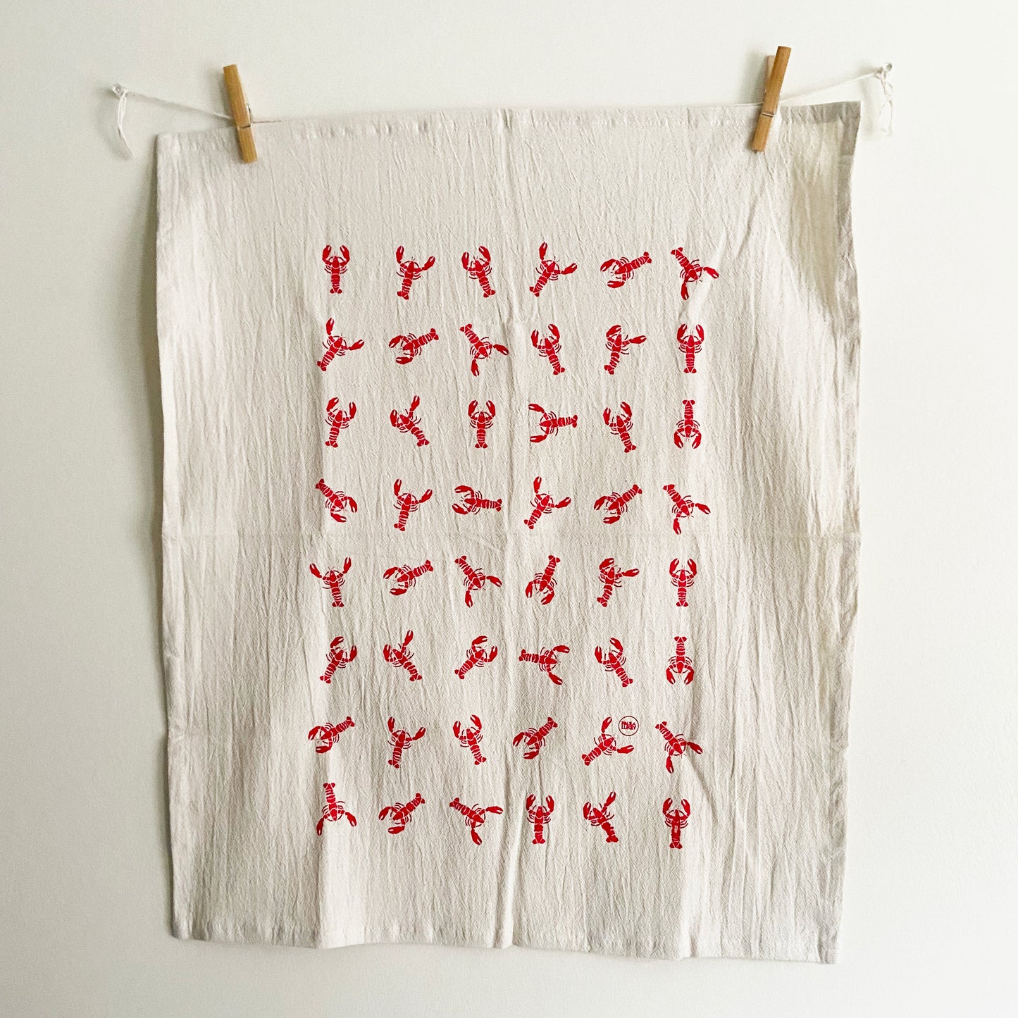 Dancing Lobsters Hand Printed Organic Tea Towel - Red