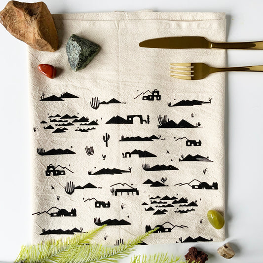 Adobes and Mountains Desert Hand Printed Organic Tea Towel - Black