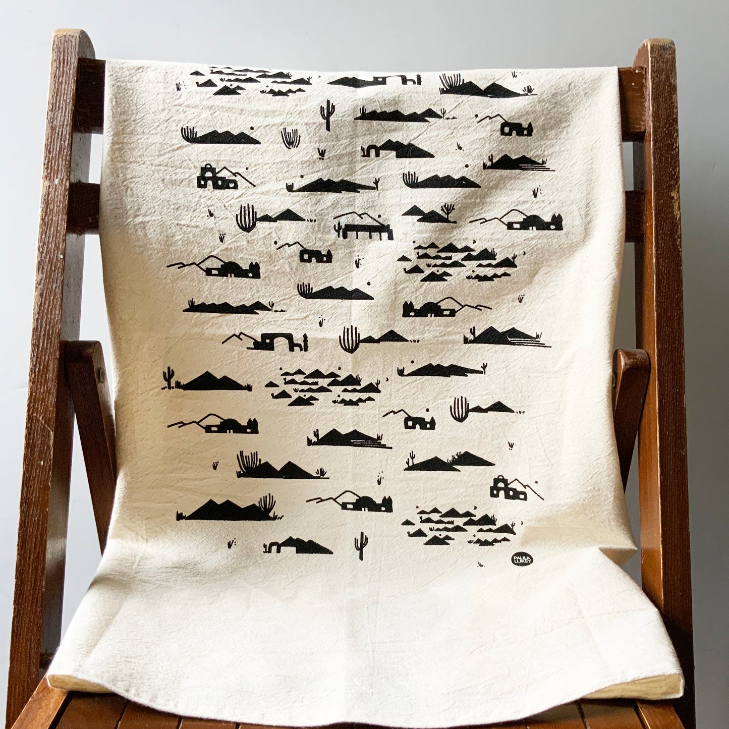Adobes and Mountains Desert Hand Printed Organic Tea Towel - Black