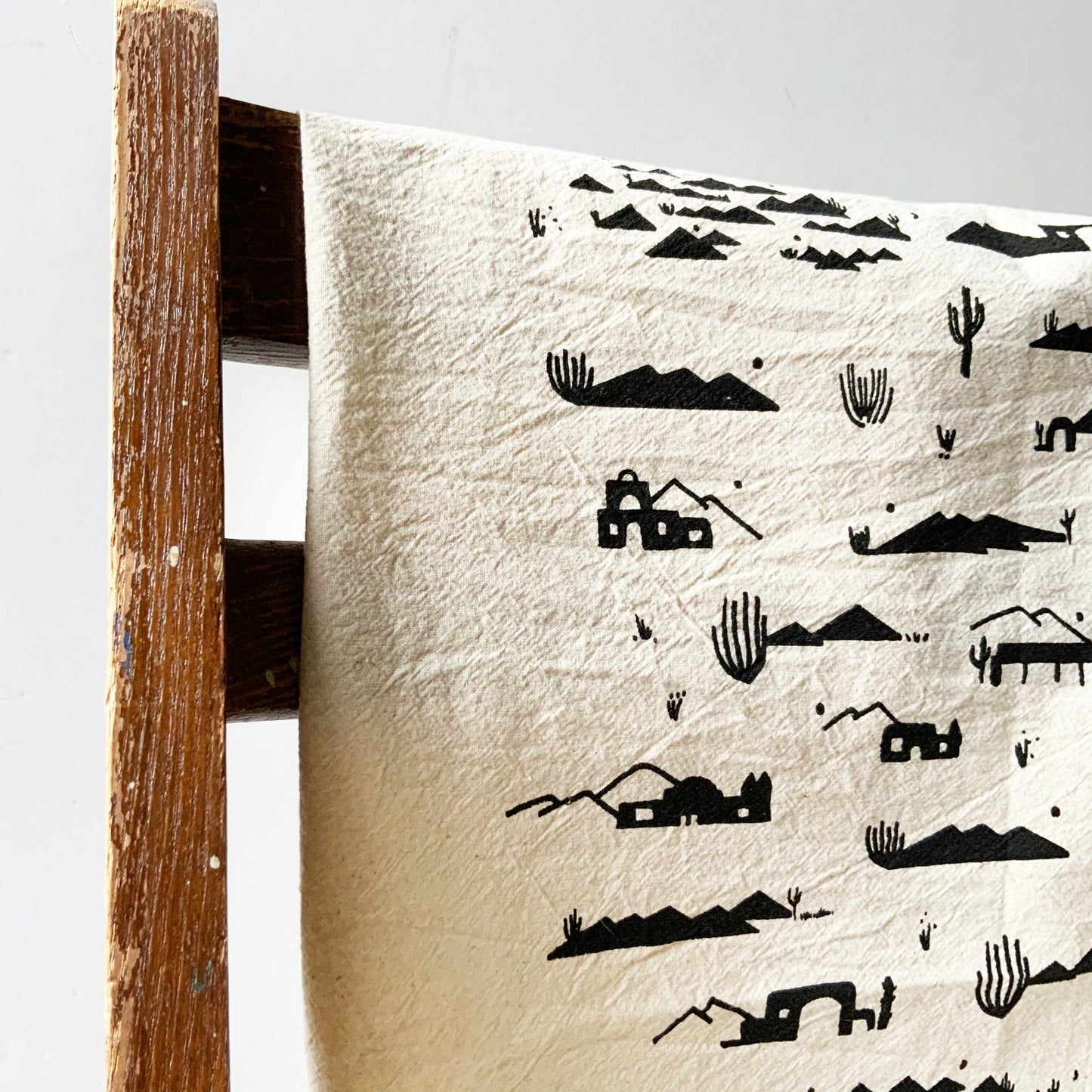 Adobes and Mountains Desert Hand Printed Organic Tea Towel - Black