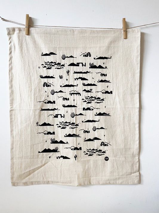 Adobes and Mountains Desert Hand Printed Organic Tea Towel - Black