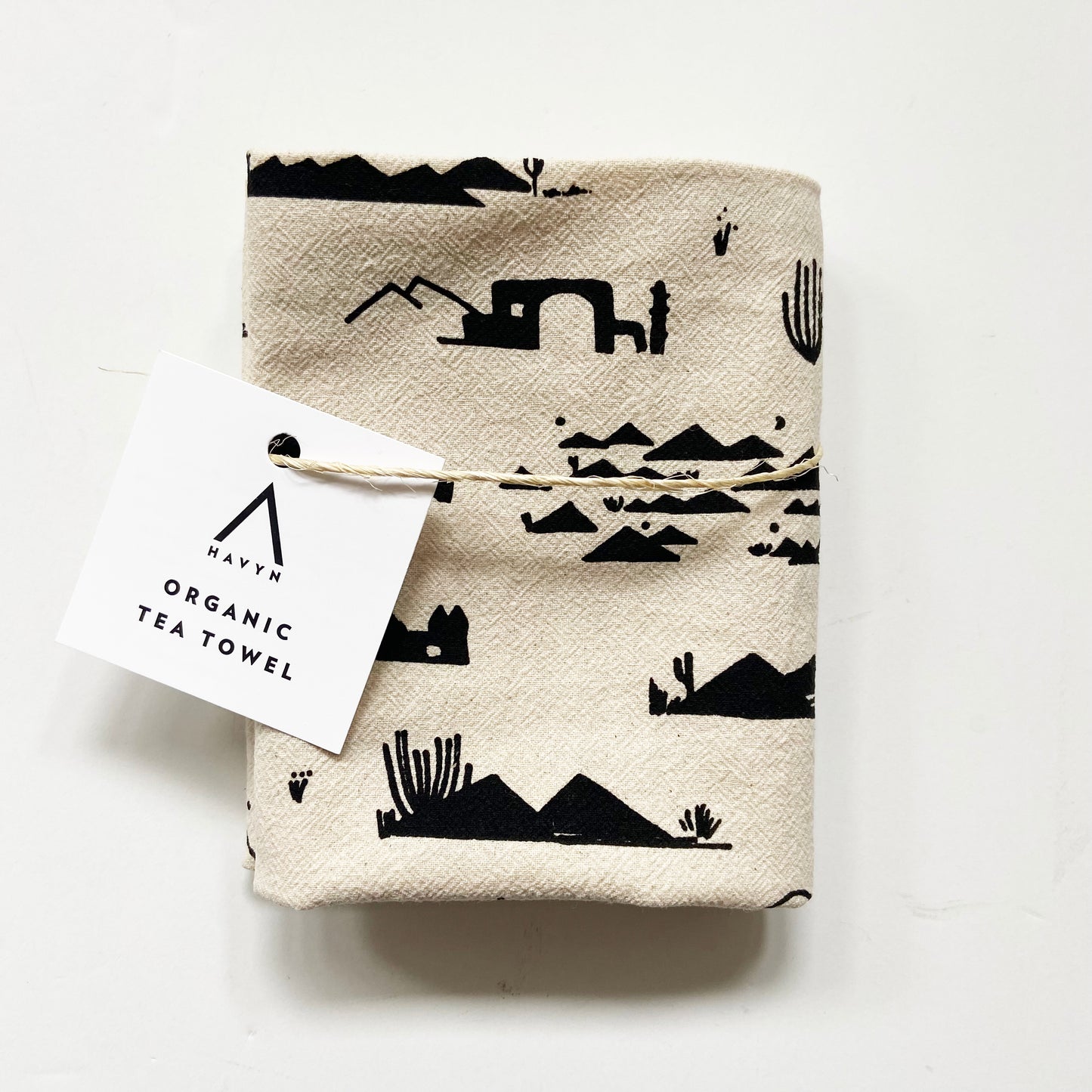 Adobes and Mountains Desert Hand Printed Organic Tea Towel - Black