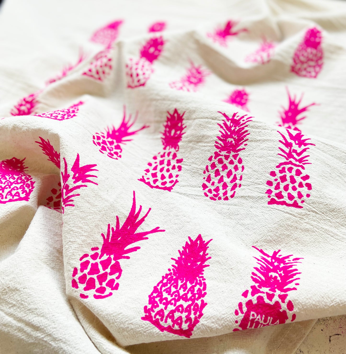 Hot Pink BIG Pineapples Hand Printed Organic Cotton Tea Towel