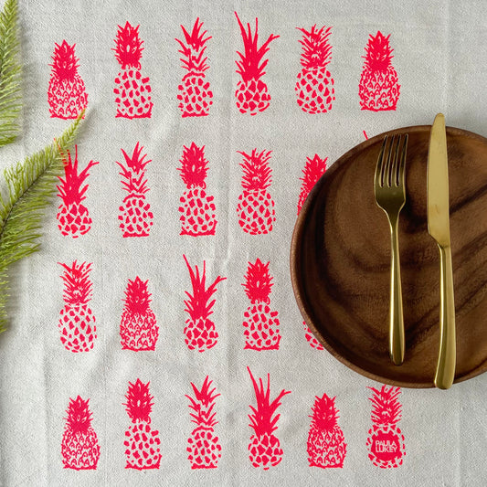 Hot Pink BIG Pineapples Hand Printed Organic Cotton Tea Towel