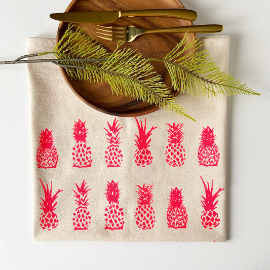Hot Pink BIG Pineapples Hand Printed Organic Cotton Tea Towel