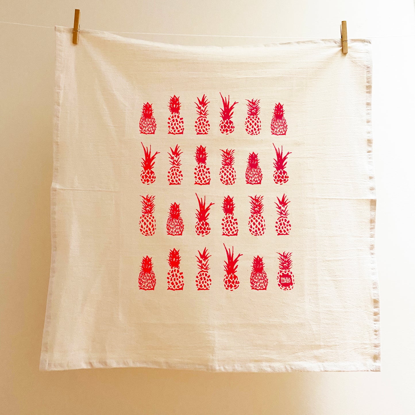 Hot Pink BIG Pineapples Hand Printed Organic Cotton Tea Towel