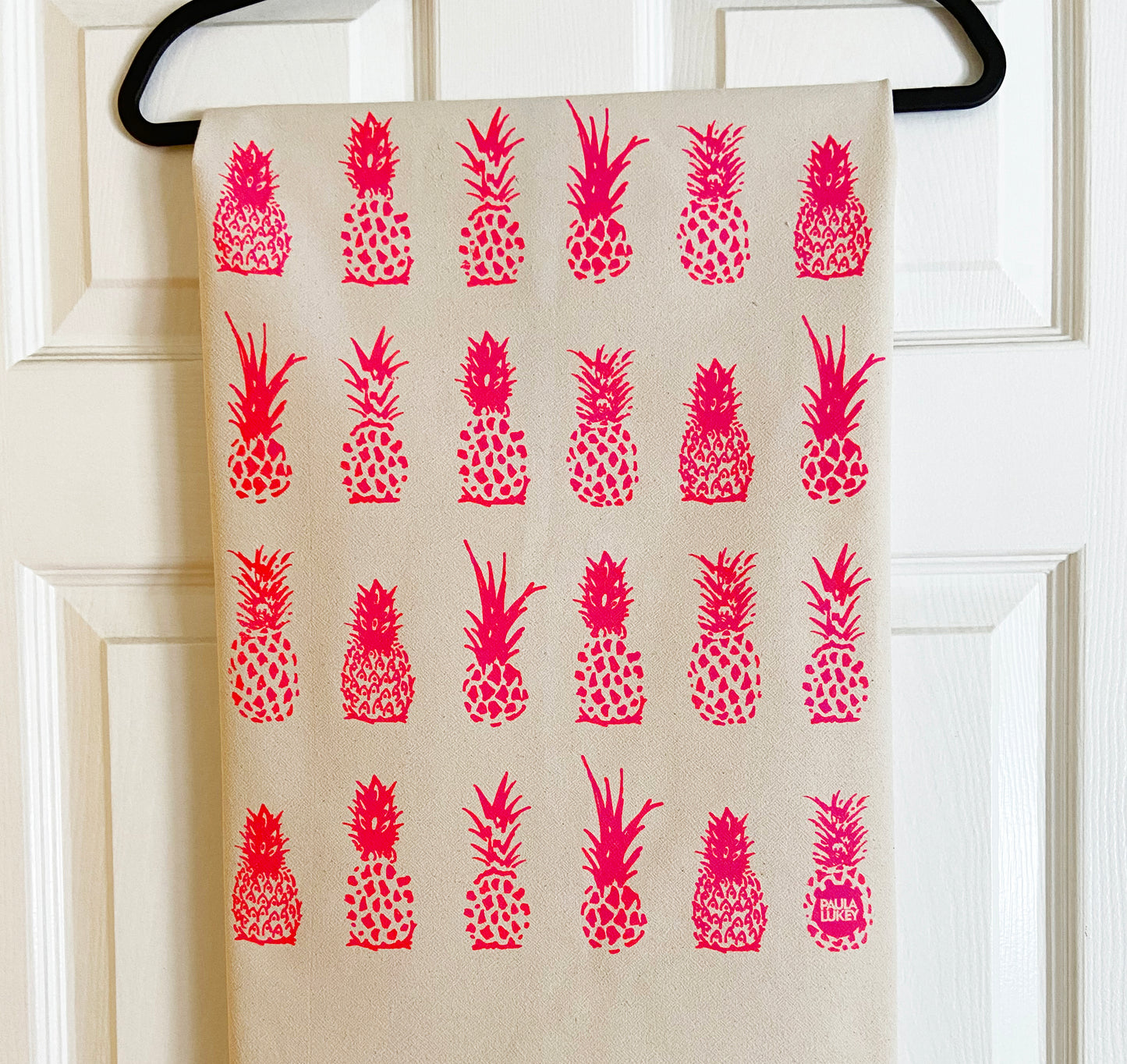 Hot Pink BIG Pineapples Hand Printed Organic Cotton Tea Towel