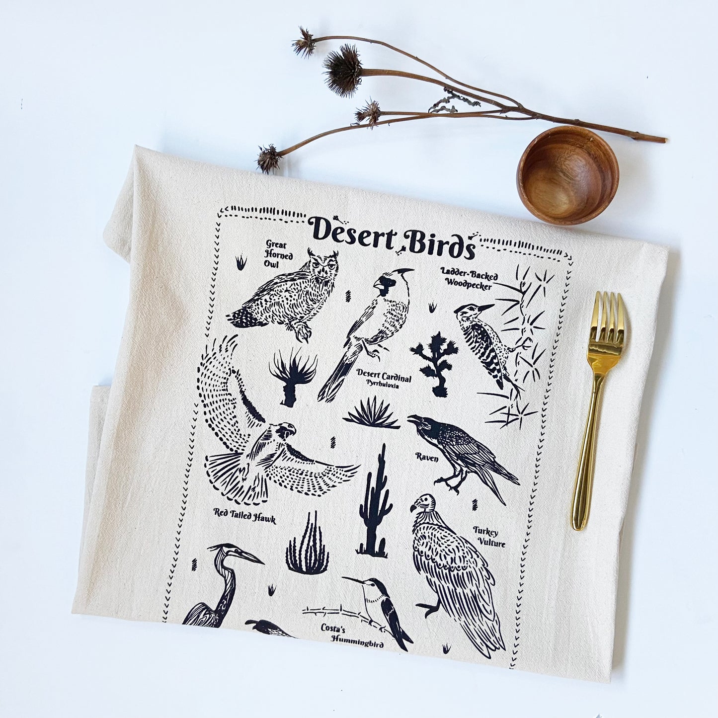 Hand Printed Tea Towel | Organic Cotton Floursack | Desert Birds | Large Kitchen Towel | Eco Screen Printed