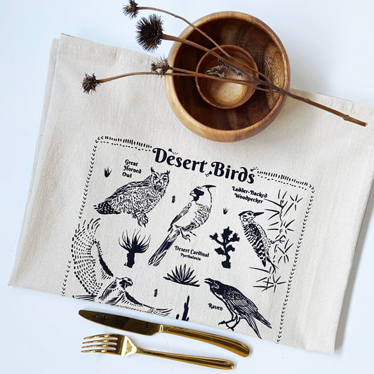 Hand Printed Tea Towel | Organic Cotton Floursack | Desert Birds | Large Kitchen Towel | Eco Screen Printed