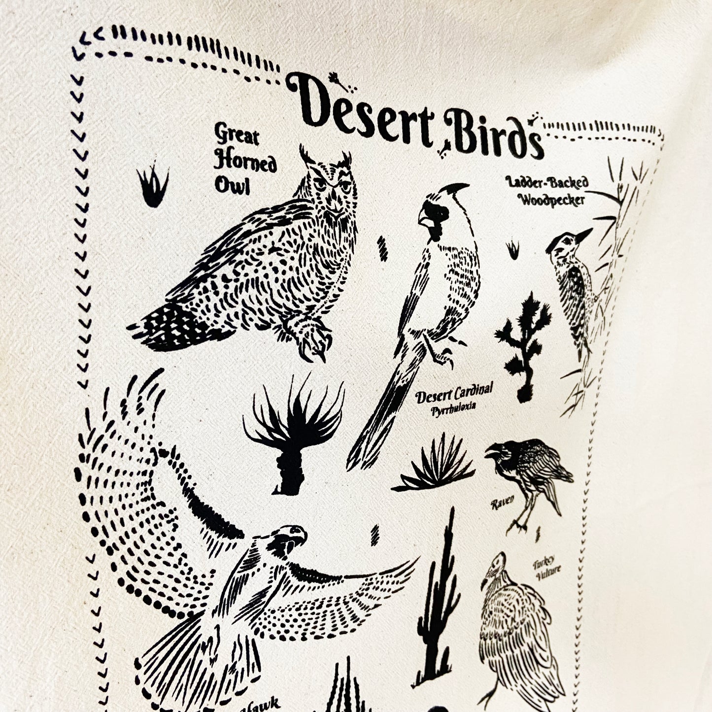 Hand Printed Tea Towel | Organic Cotton Floursack | Desert Birds | Large Kitchen Towel | Eco Screen Printed