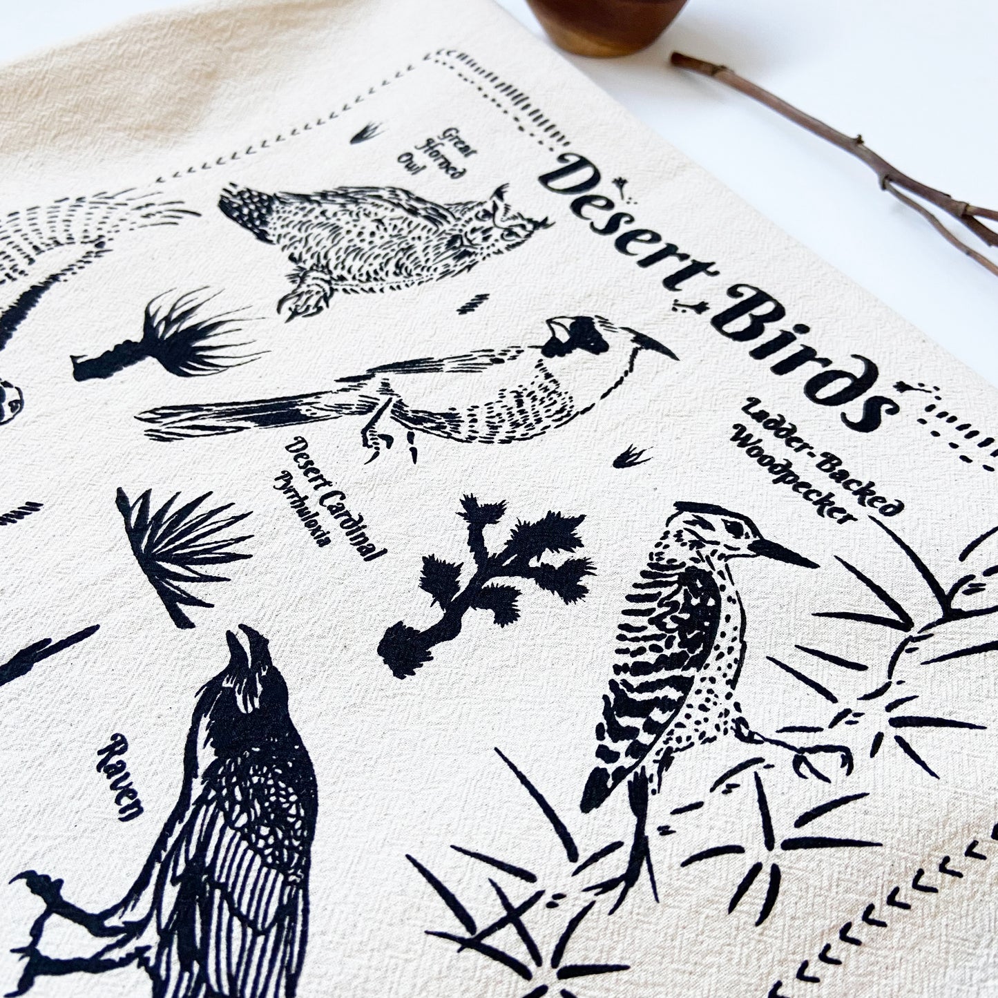 Hand Printed Tea Towel | Organic Cotton Floursack | Desert Birds | Large Kitchen Towel | Eco Screen Printed