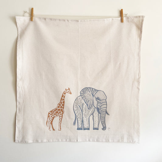 Giraffe and Elephant Hand Printed Organic Tea Towel - Limited Quantity