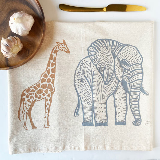 Giraffe and Elephant  Hand Printed Organic Tea Towel - Limited Quantity
