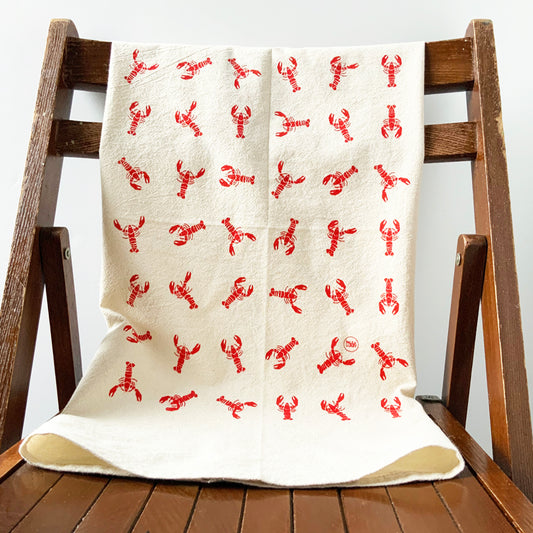 Dancing Lobsters Hand Printed Organic Tea Towel - Red