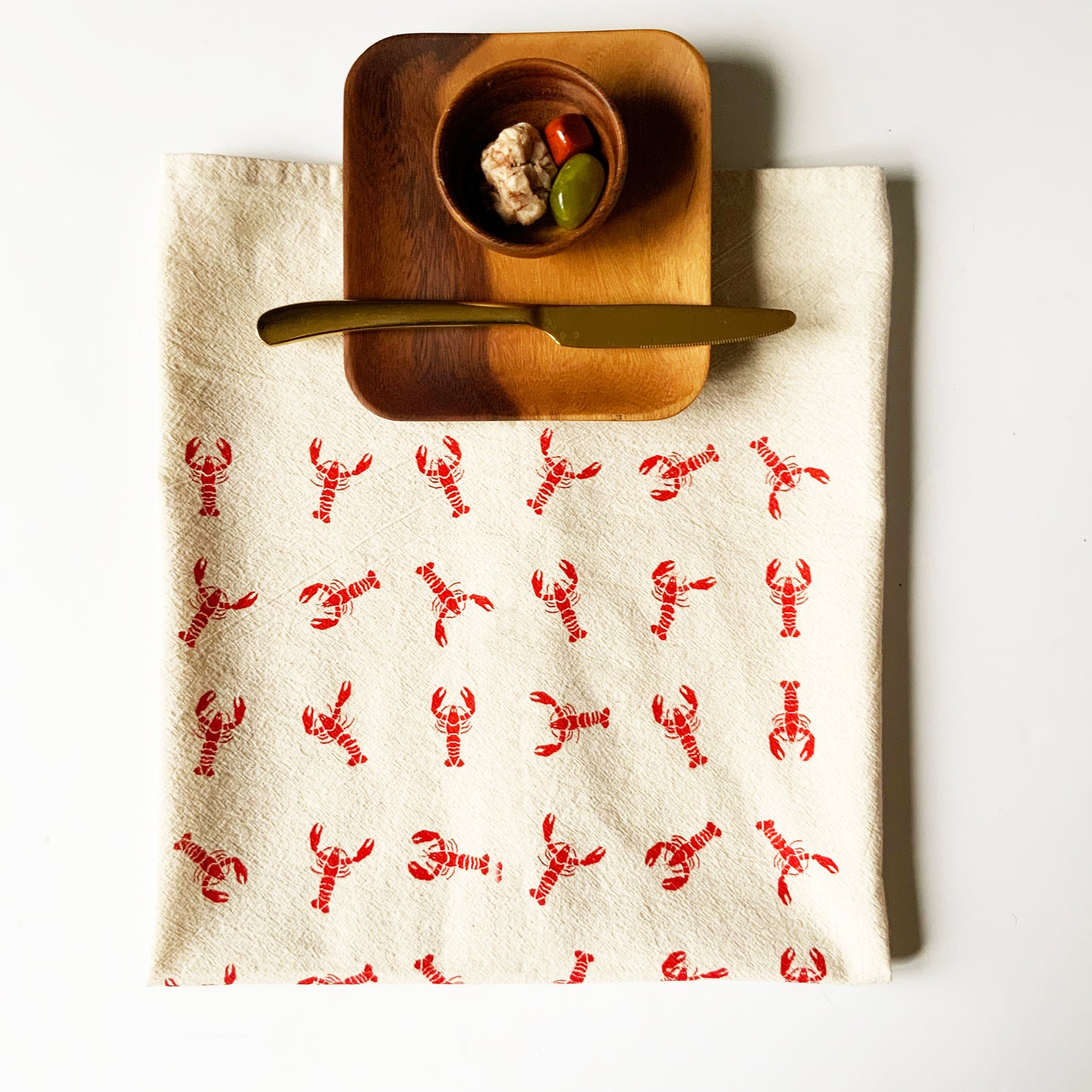 Dancing Lobsters Hand Printed Organic Tea Towel - Red