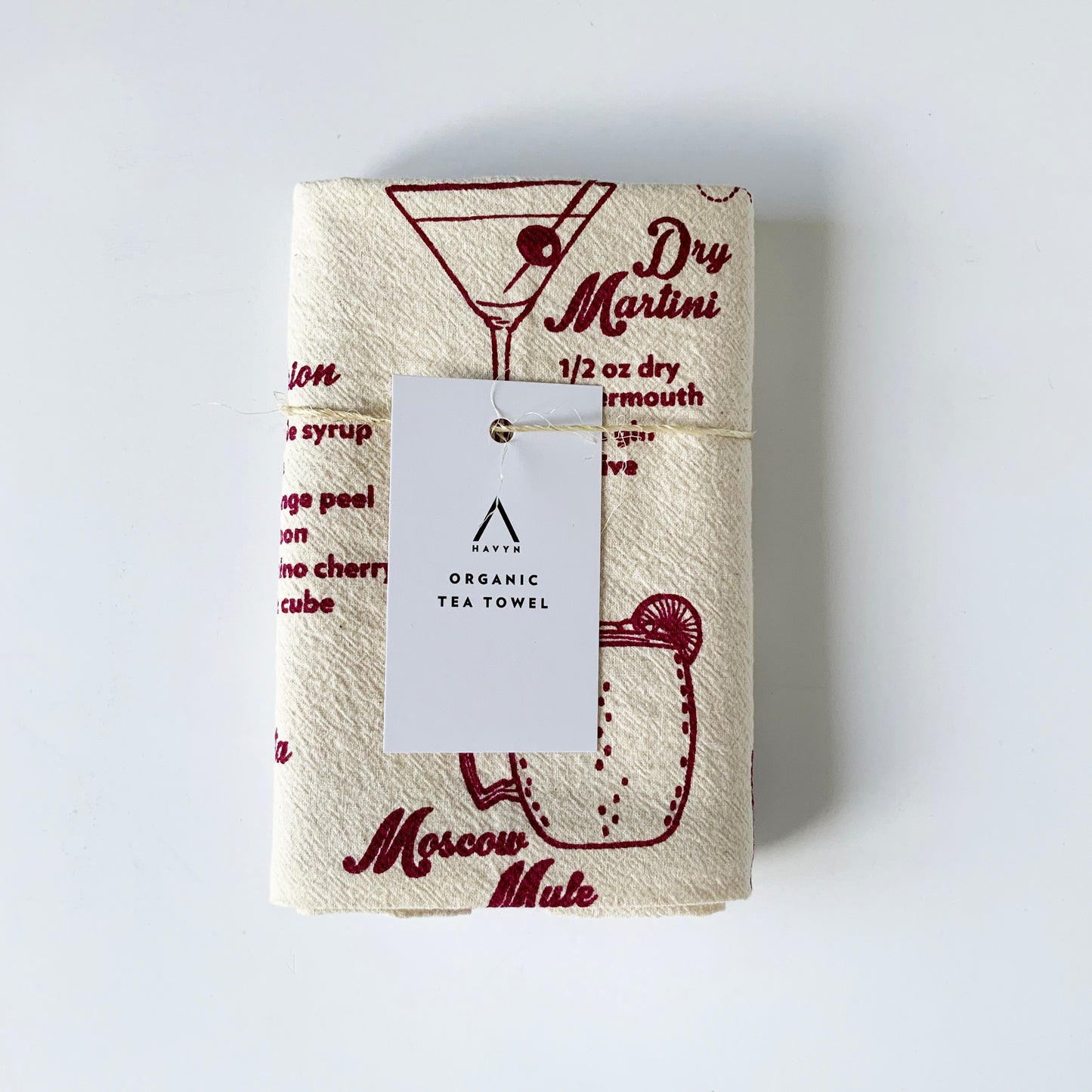Classic Cocktails Hand Printed Organic Tea Towel - Burgundy