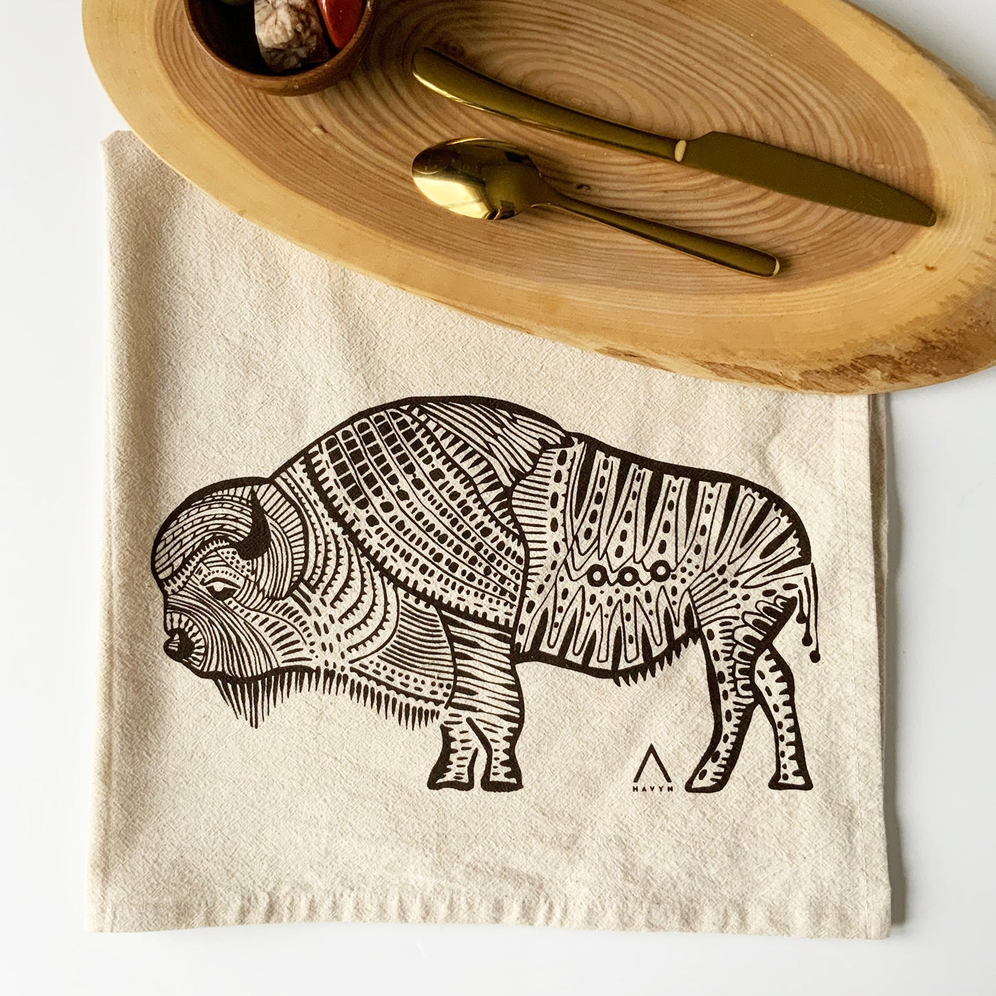 Bison Hand Printed Organic Tea Towel - Brown