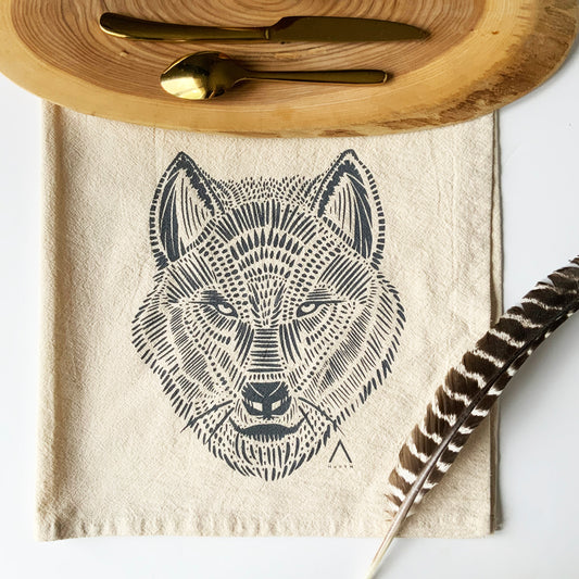 Wolf Hand Printed Organic Tea Towel - Grey
