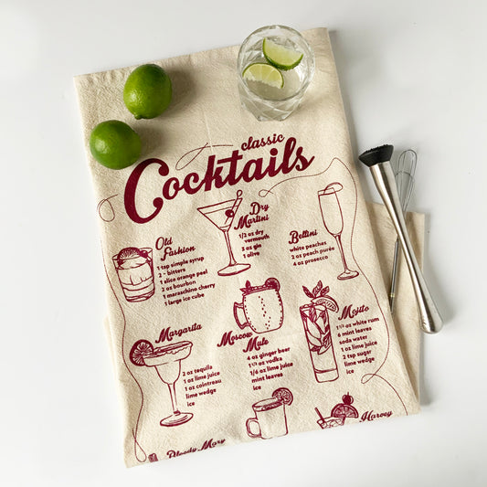 Classic Cocktails Hand Printed Organic Tea Towel - Burgundy