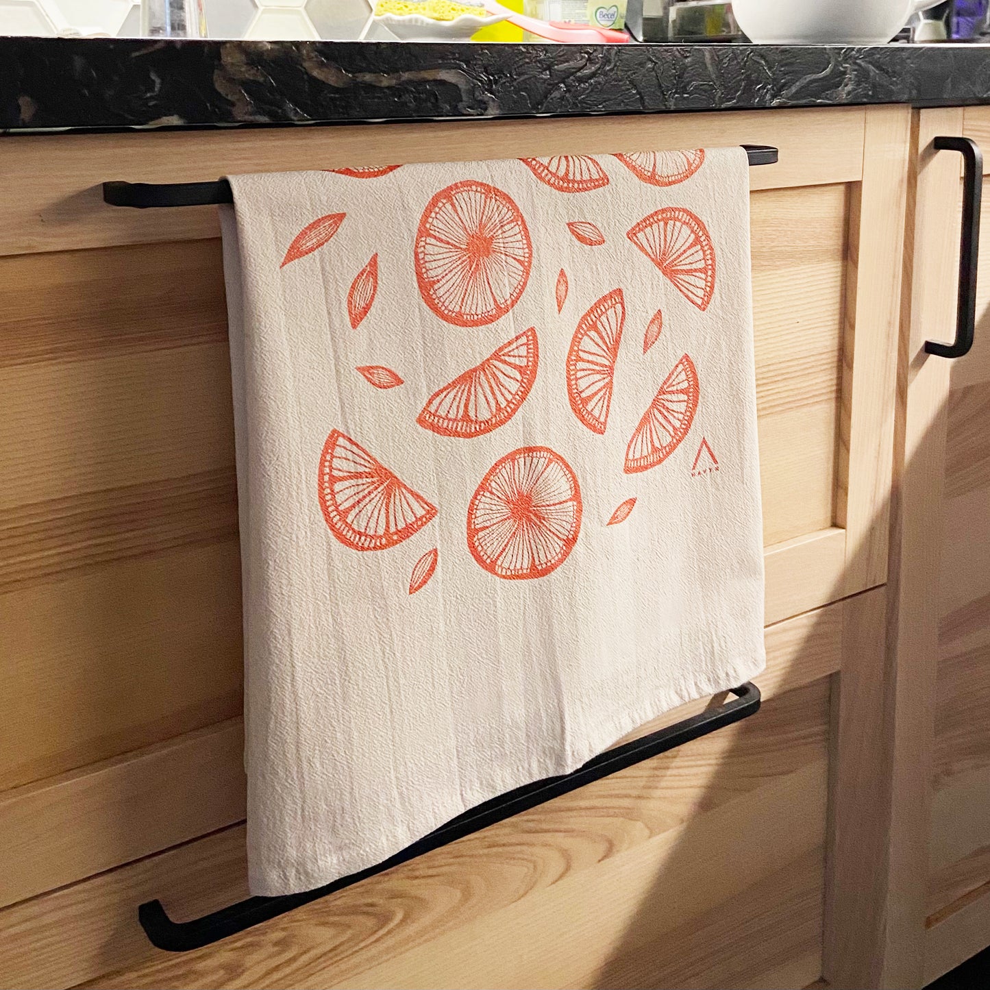 Orange Citrus Hand Printed Organic Tea Towel