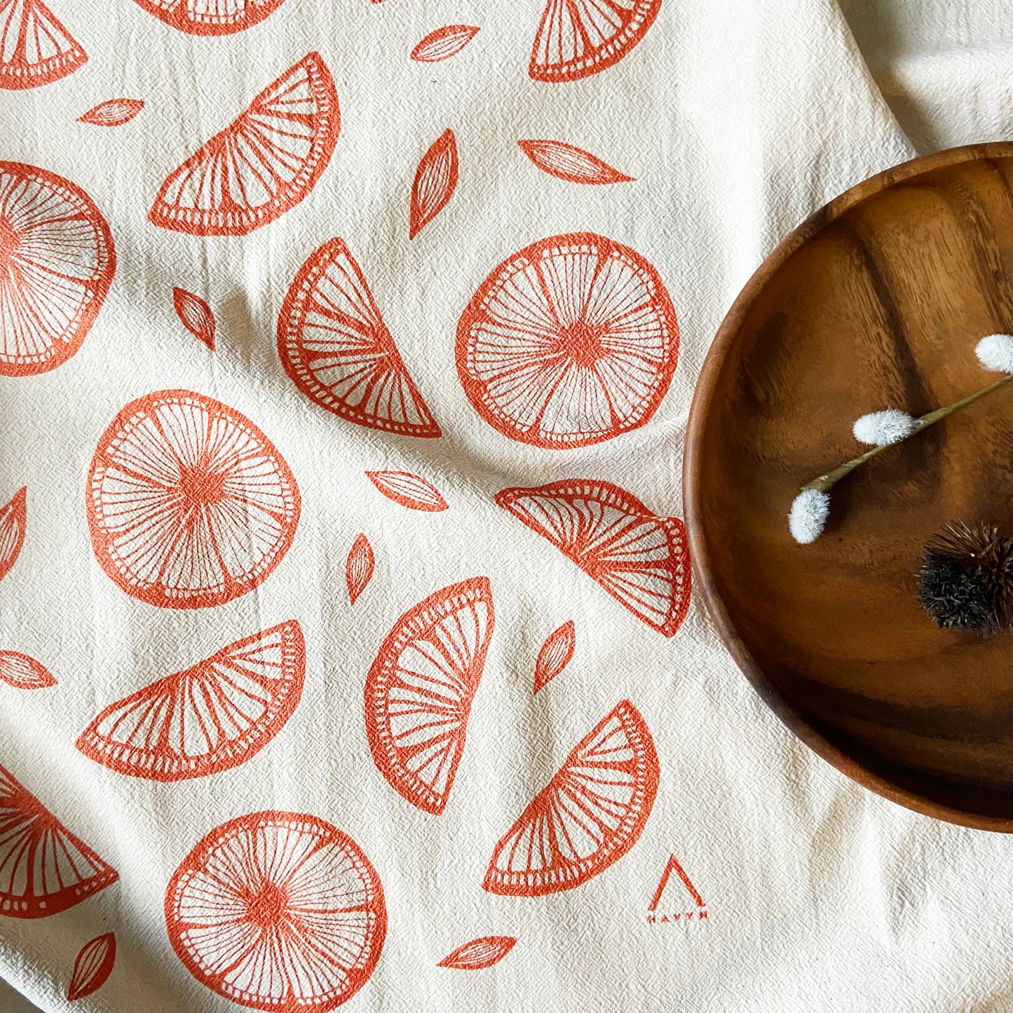 Earthy Orange Citrus Hand Printed Organic Tea Towel