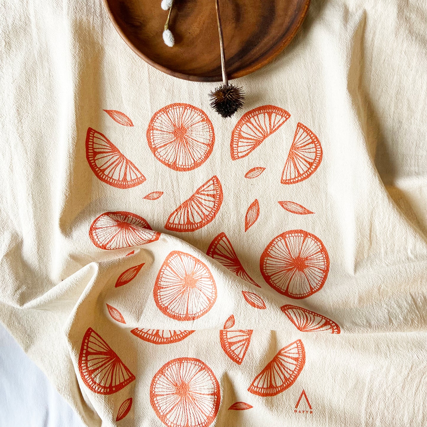 Orange Citrus Hand Printed Organic Tea Towel