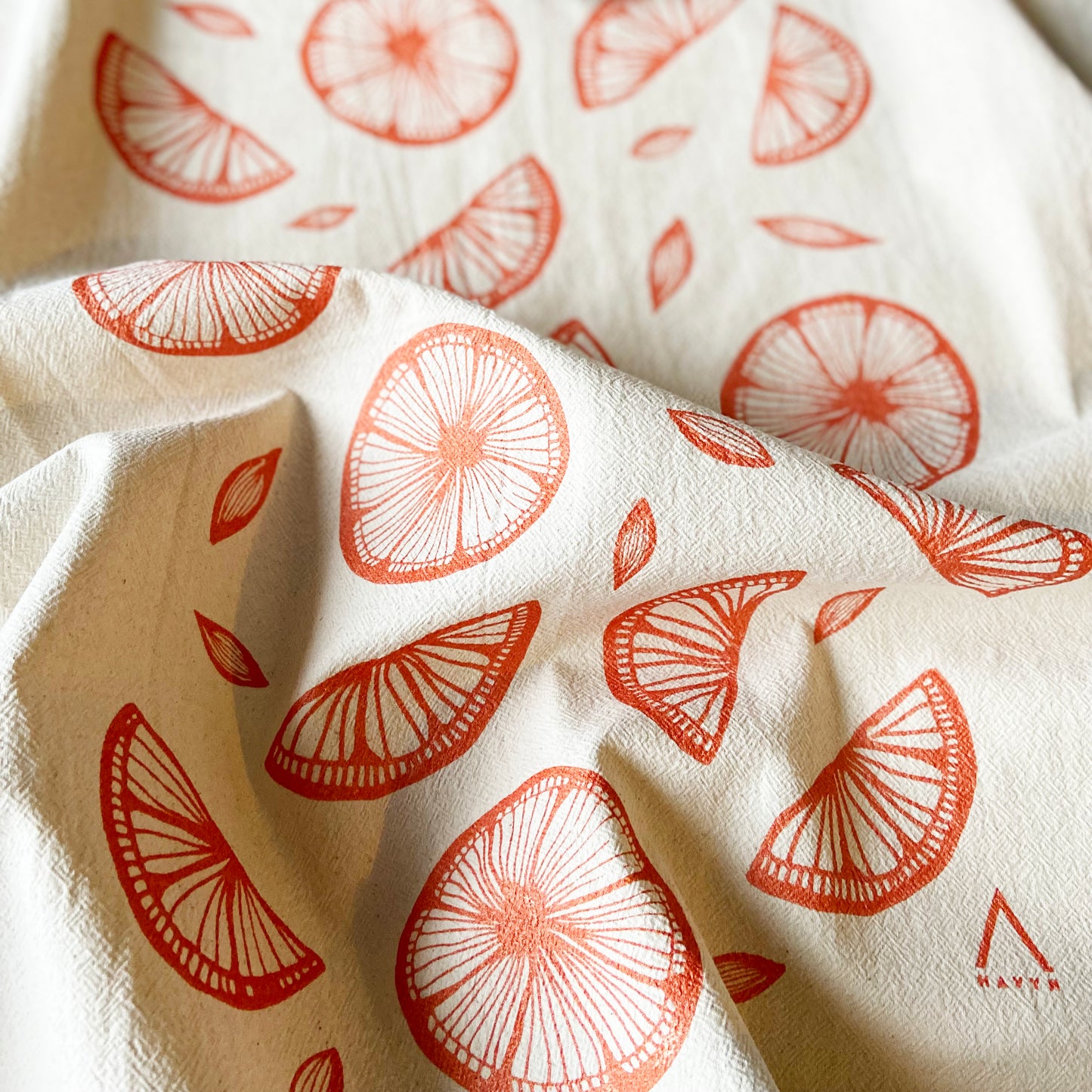 Orange Citrus Hand Printed Organic Tea Towel